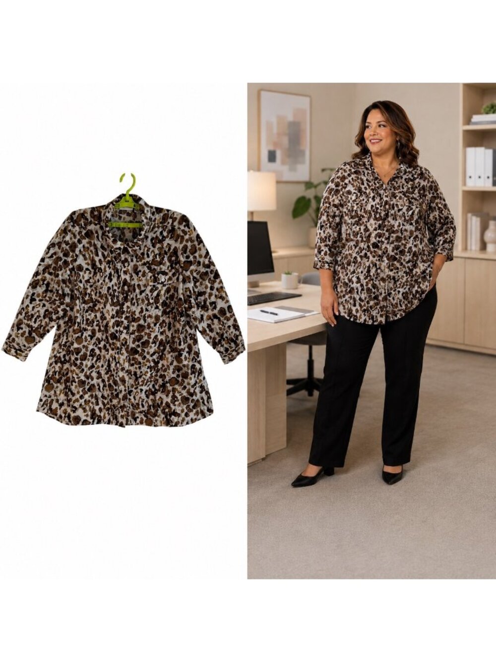 Susan Graver Women's Leopard Print Button-Up Shirt 2XP 4 Pockets